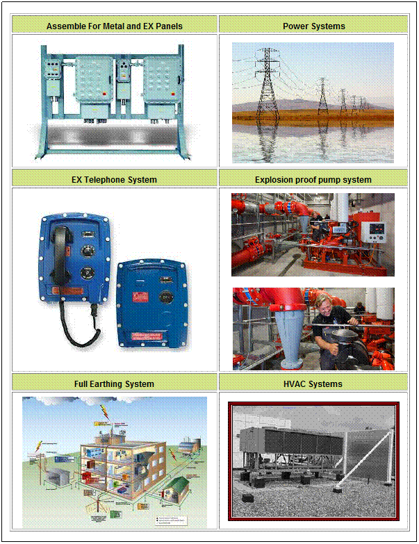 Text Box: Assemble For Metal and EX Panels
Power Systems


EX Telephone System
Explosion proof pump system


Full Earthing System
HVAC Systems


